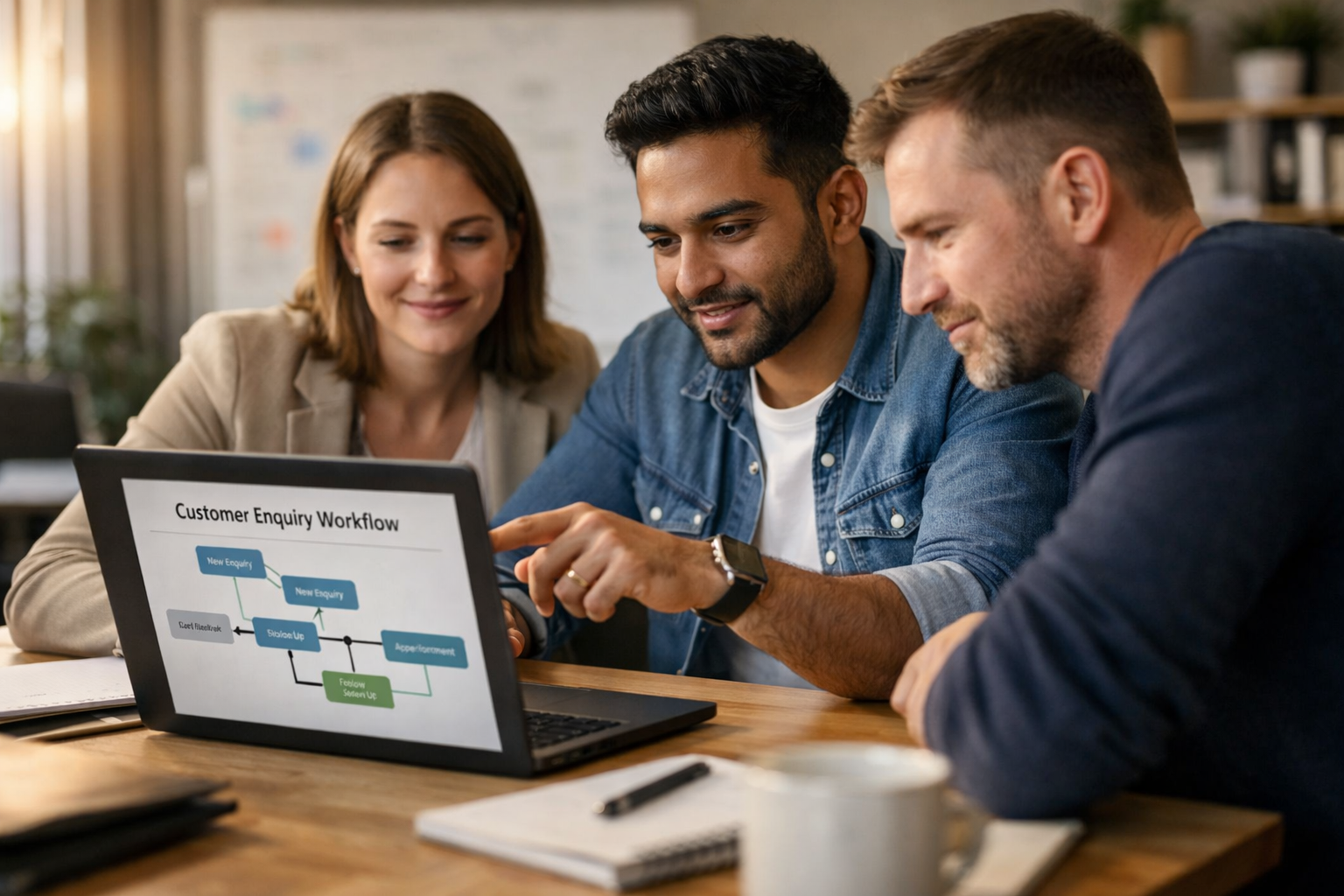Modern UK business team reviewing call and booking workflow