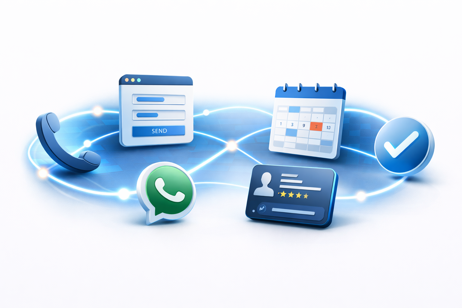 A clean workflow diagram showing calls and enquiries flowing into booking and CRM