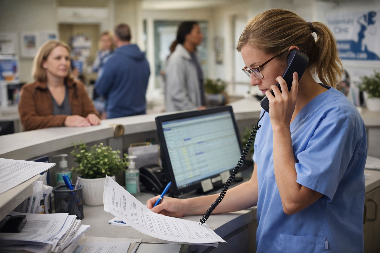 Busy veterinary or healthcare clinic front desk with ringing phone and patients waiting