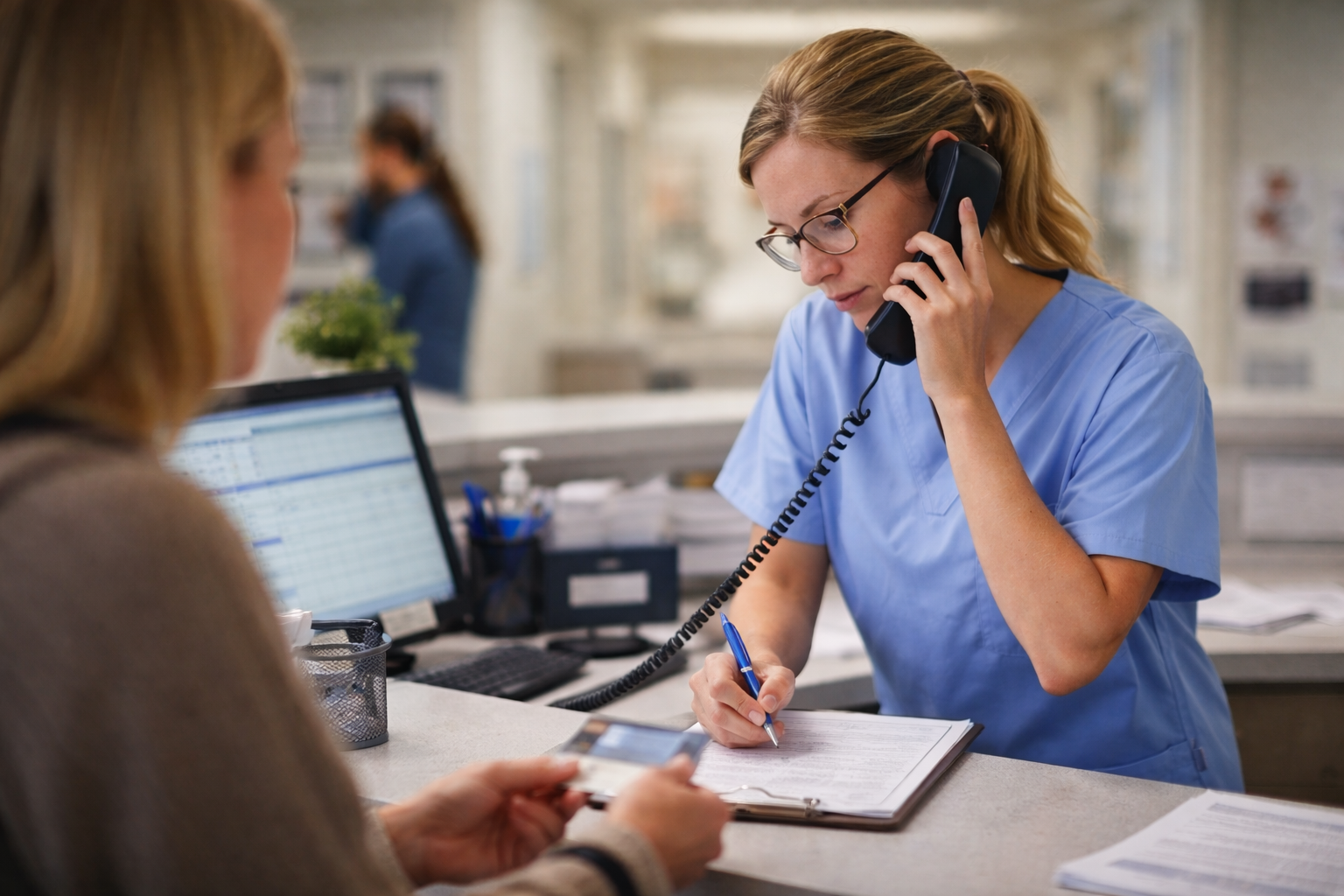 Clinic receptionist multitasking between ringing phone and patient check-in