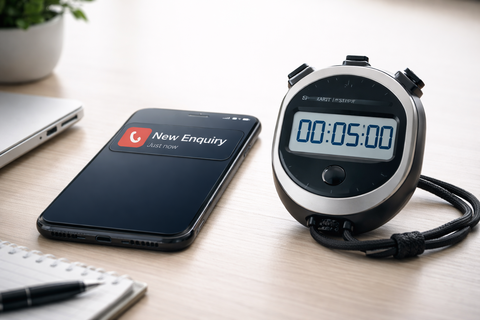 A stopwatch next to a smartphone showing a new lead enquiry notification