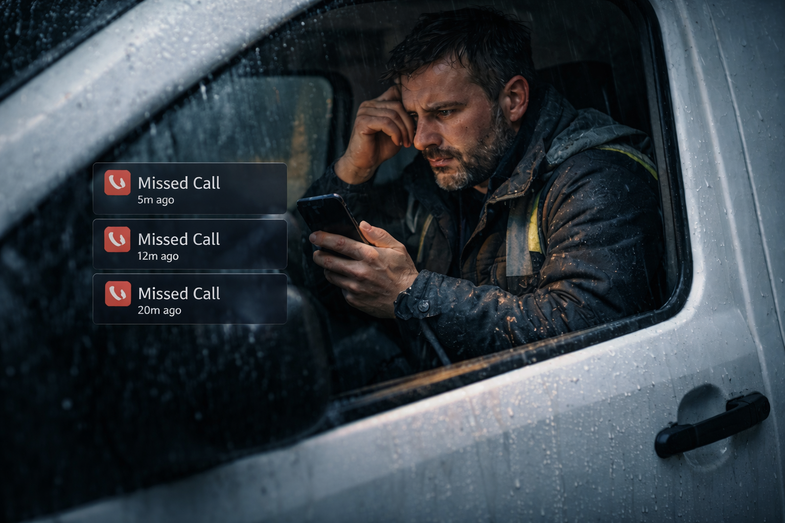 Stressed British tradesperson checking missed calls in a van on a rainy day