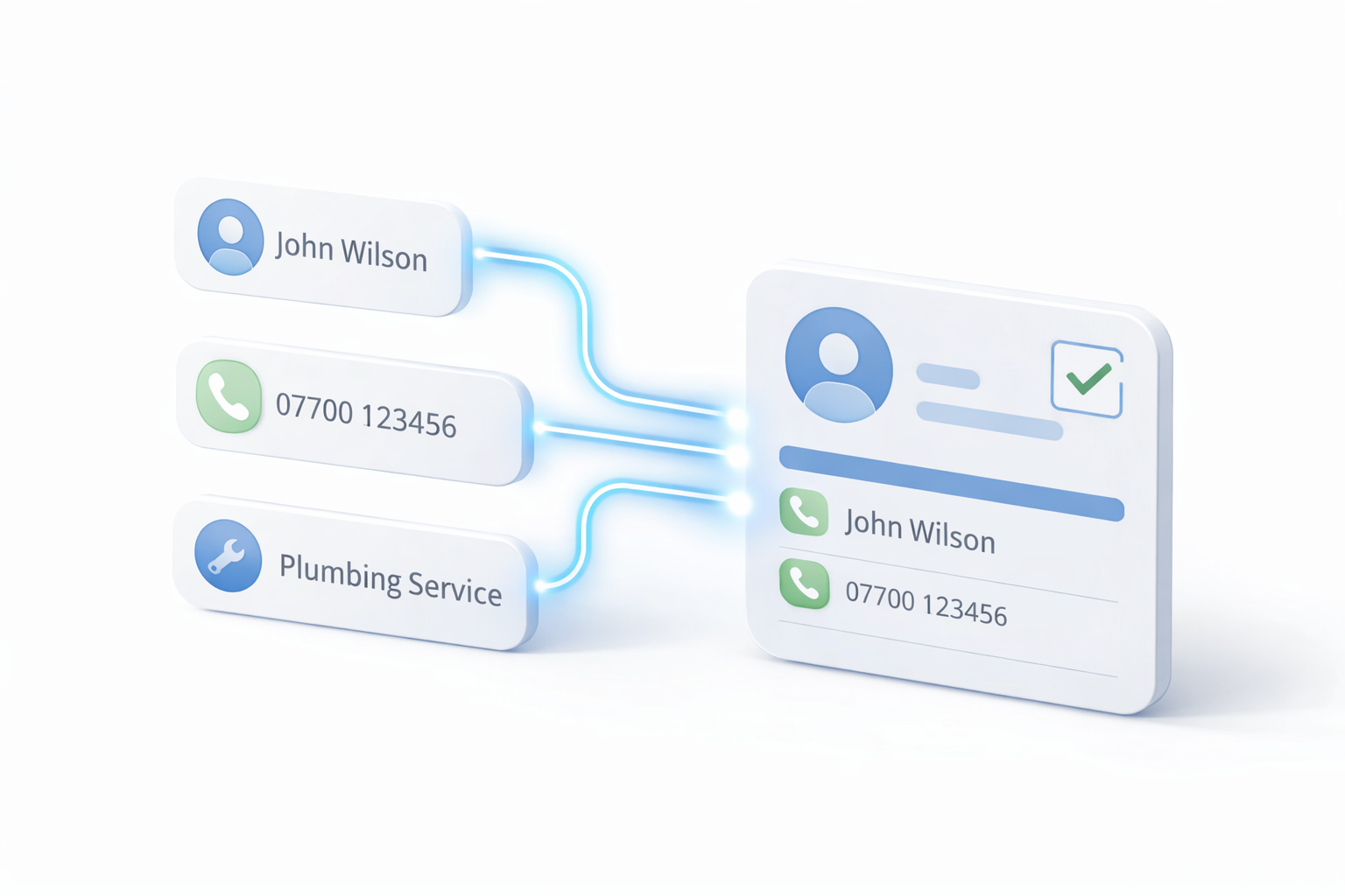 Lead data flowing into a CRM card with call outcomes and notes
