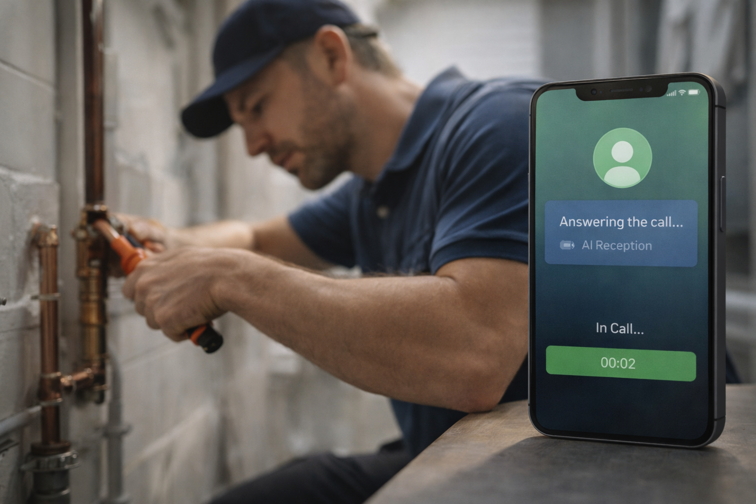 UK tradesperson on site while calls are handled automatically
